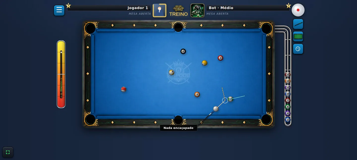 Gameplay atual do jogo de sinuca X8Pool