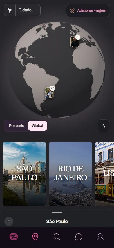 Tela completa de descoberta por mapa e cidades no app Cruze